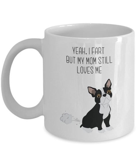 Boston Terrier Fart Mug - Yeah, I Fart But My Mom Still Loves Me- Funny Tea Hot Cocoa Coffee Cup - Novelty Birthday Christmas Gag Gifts Idea